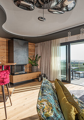 Stylish living area of the Private Spa Villa at the Hotel Winzer in Austria