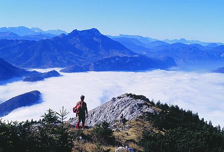 A man admires the mountain panorama in the Salzkammergut