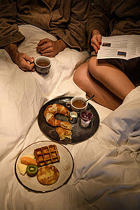 Breakfast in bed in a room at the romantic Hotel Winzer